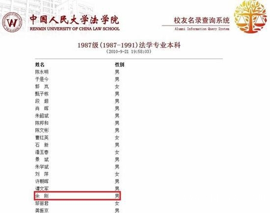 在人大法学院官方网站公开的校友名录中，余刚的名字赫然在列，就读时间为1987年-1991年，专业是法学本科。