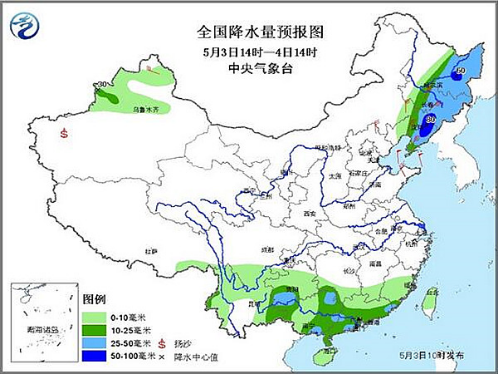 5月3日14时至4日14时，全国降水量预报图