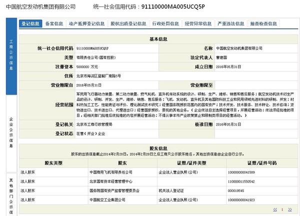 中国航空发动机集团有限公司公示信息