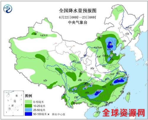 全国降水量预报图(6月22日08时-23日08时)