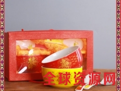 陶瓷寿碗红黄釉碗礼品碗 婚庆喜碗喜勺套装刻字定制LOGO图3