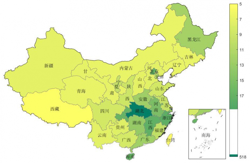  图3 各省（直辖市、自治区）疫情地图（颜色深浅表示每百万人口平均未治愈确诊病例数）